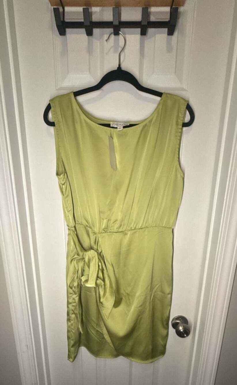 SHE+SKY Women's Satin Asymmetric Tie Front Mini Dress in Chartreuse